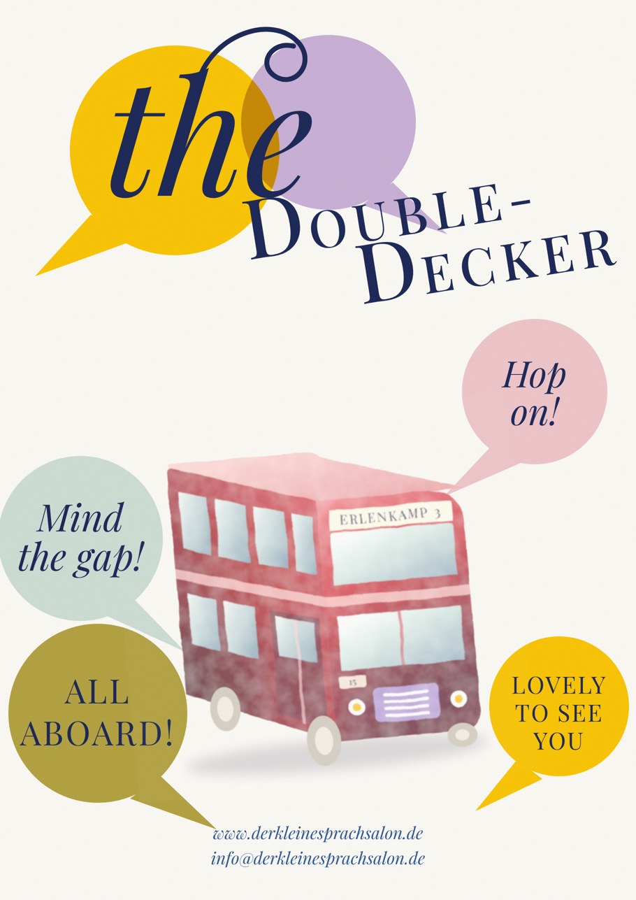 Flyer the Double-Decker: ein roter Londoner Doppeldeckerbus, Sprechblasen mit Hop on, Mind the gap, All aboard. Illustration: Martin Zitzlaff, www.zitzlaff.com