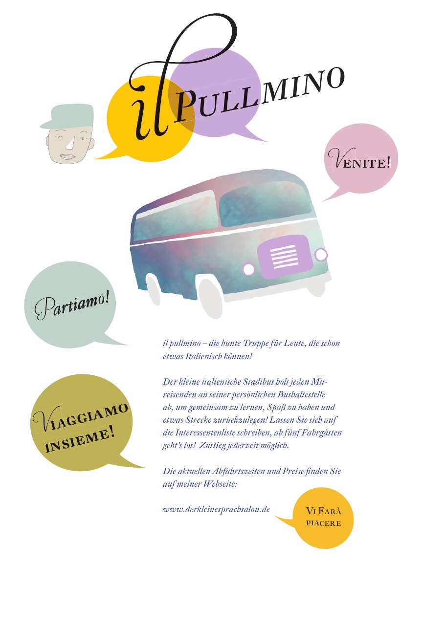 Flyer il pullmino: ein kleiner bunter Bus, Sprechblasen mit Partiamo, Venite, Viaggiamo insieme. Illustration: Tessa Sinclair Scott